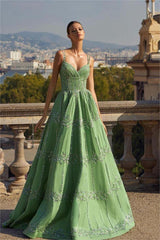 Green Spaghetti Strap Sweetheart Prom Dress with Beading and Embroidery