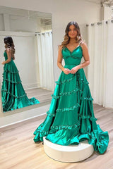 Green Straps A-Line Layere Long Prom Dress