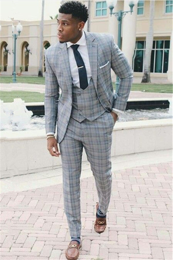 Grid Western Wedding Suits - Three Piece with Notch Lapel for Wedding, New Arrivals