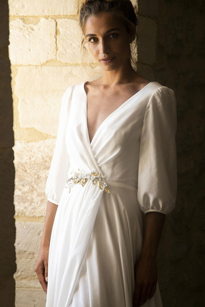 Half Sleeve V-Neck Wedding Dress