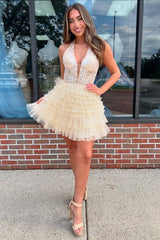 Halter A-Line Layered Homecoming Dress Applique Plunging Neck