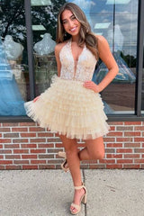 Halter A-Line Layered Homecoming Dress Applique Plunging Neck