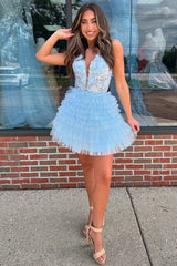 Halter A-Line Layered Homecoming Dress Applique Plunging Neck