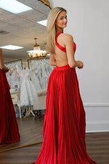 Halter Backless A-Line Long Pleated Prom Dress with Split and Ruffles