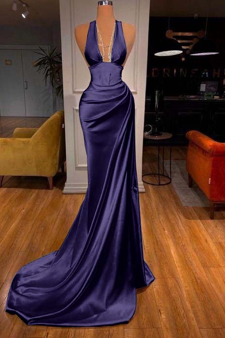 Halter Deep V Neck Mermaid Long Prom Dress with Ruffles