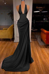 Halter Deep V Neck Mermaid Long Prom Dress with Ruffles