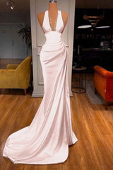 Halter Deep V Neck Mermaid Long Prom Dress with Ruffles