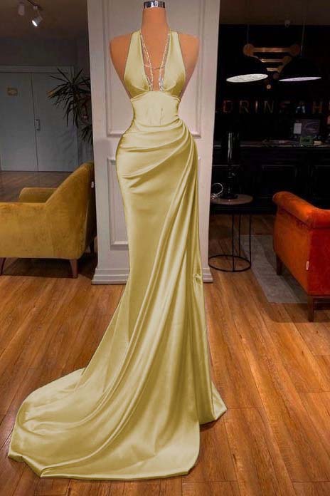 Halter Deep V Neck Mermaid Long Prom Dress with Ruffles
