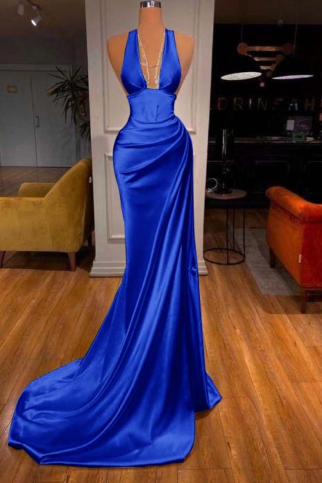 Halter Deep V Neck Mermaid Long Prom Dress with Ruffles