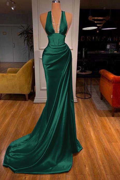 Halter Deep V Neck Mermaid Long Prom Dress with Ruffles