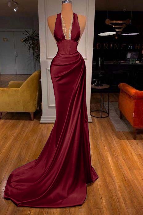 Halter Deep V Neck Mermaid Long Prom Dress with Ruffles
