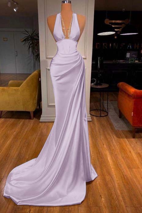 Halter Deep V Neck Mermaid Long Prom Dress with Ruffles