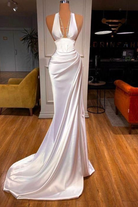 Halter Deep V Neck Mermaid Long Prom Dress with Ruffles