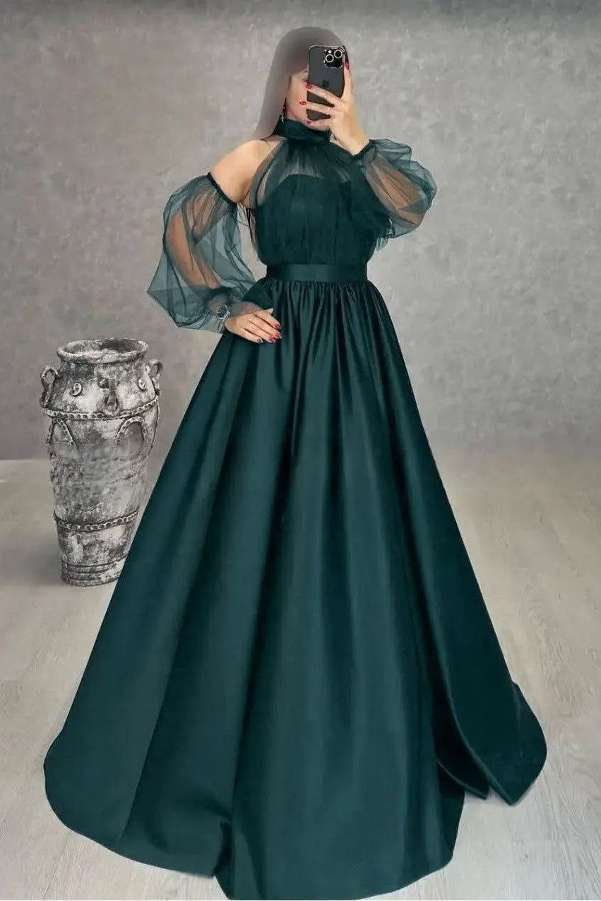 Halter Long Sleeve Sweetheart Long Pleated Prom Dress