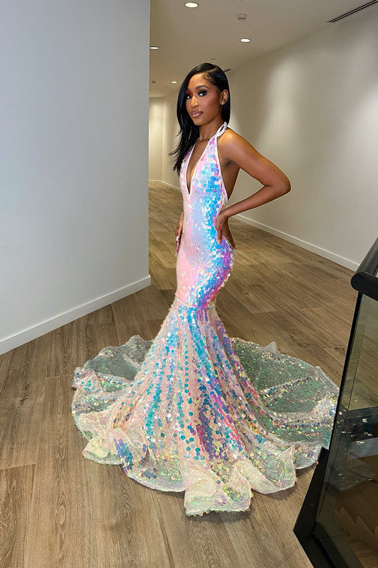Halter Mermaid Long Prom Dress with Sequins