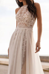 Halter Neck Sleeveless Lace Wedding Dress