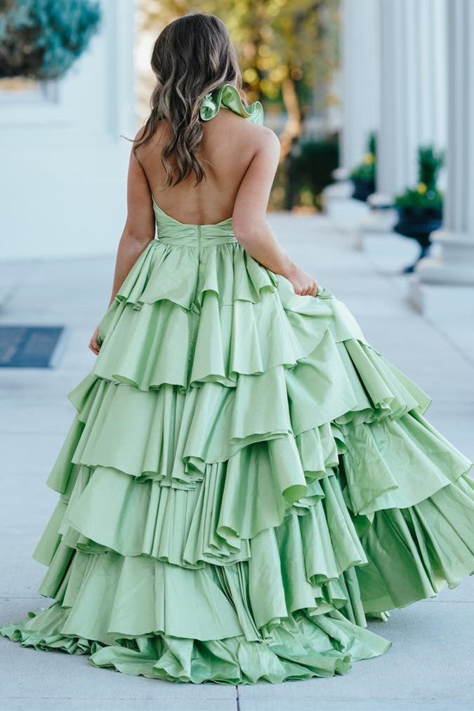 Halter Red Ruffle Tiered A-Line Prom Dress
