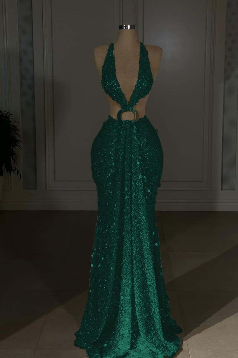 Halter Backless Mermaid Long Prom Dress with Sequins