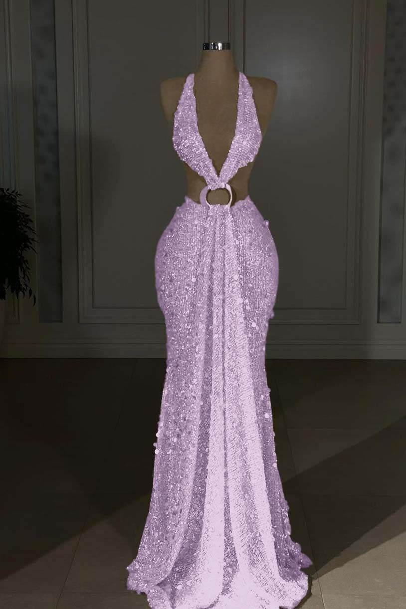 Halter Backless Mermaid Long Prom Dress with Sequins