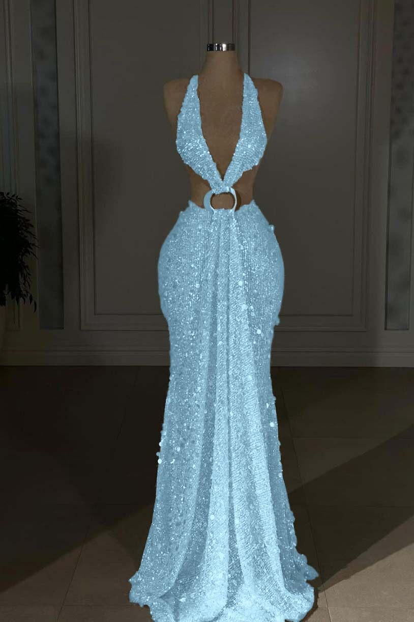 Halter Backless Mermaid Long Prom Dress with Sequins