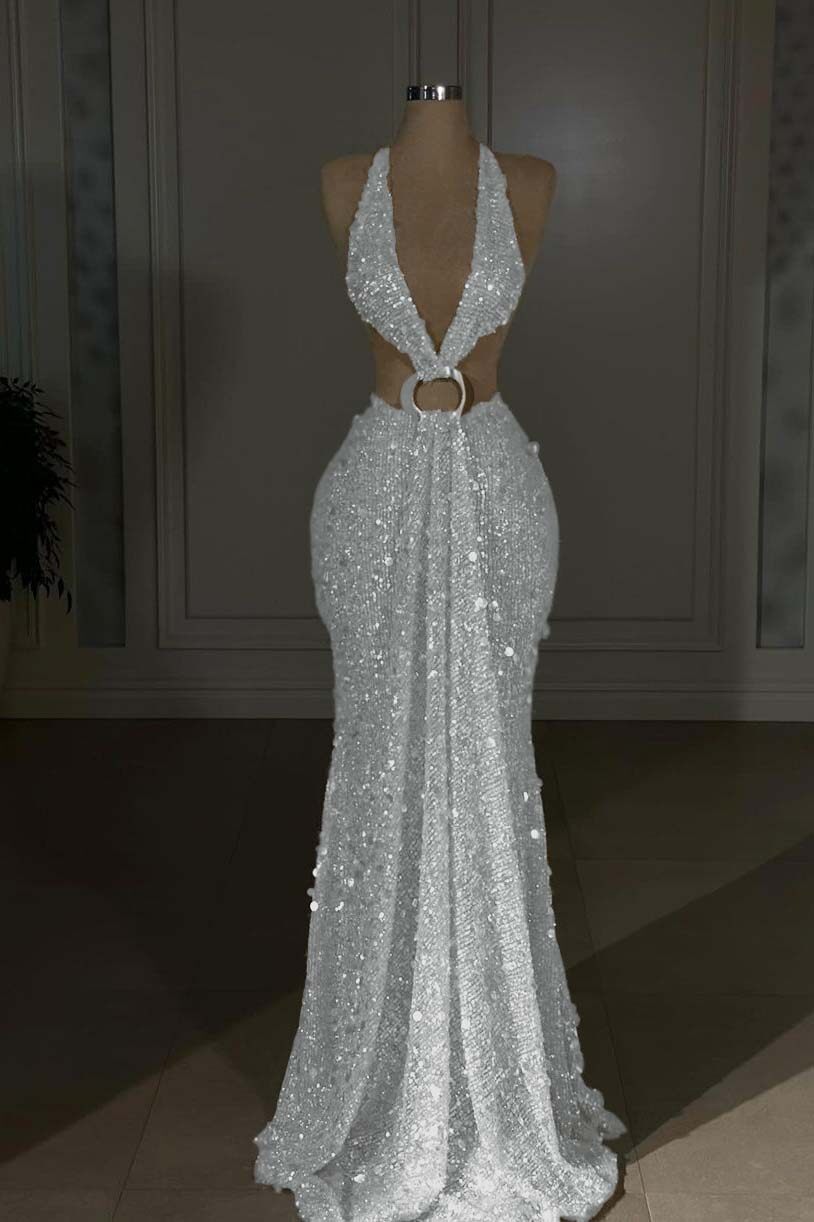 Halter Backless Mermaid Long Prom Dress with Sequins