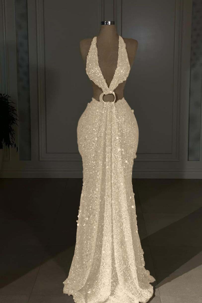 Halter Backless Mermaid Long Prom Dress with Sequins