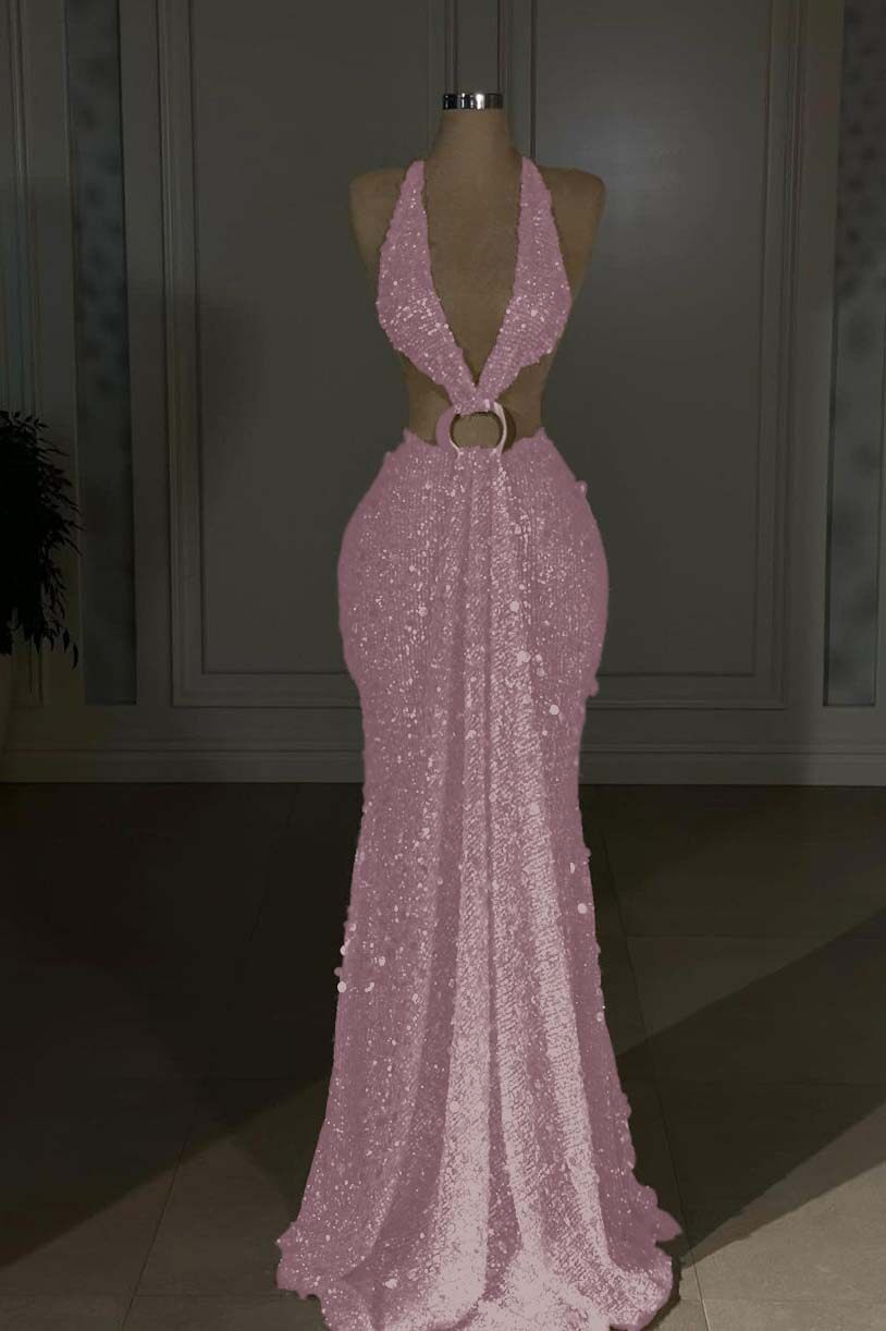 Halter Backless Mermaid Long Prom Dress with Sequins