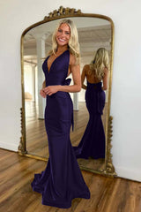 Halter Backless Mermaid Long Prom Dress with Bowknot