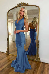 Halter Backless Mermaid Long Prom Dress with Bowknot