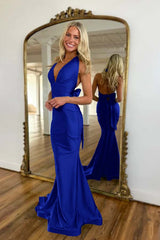 Halter Backless Mermaid Long Prom Dress with Bowknot