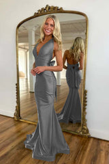 Halter Backless Mermaid Long Prom Dress with Bowknot