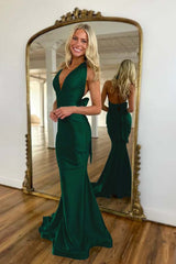 Halter Backless Mermaid Long Prom Dress with Bowknot