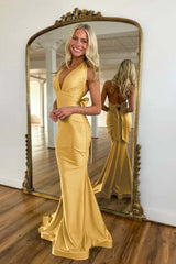 Halter Backless Mermaid Long Prom Dress with Bowknot