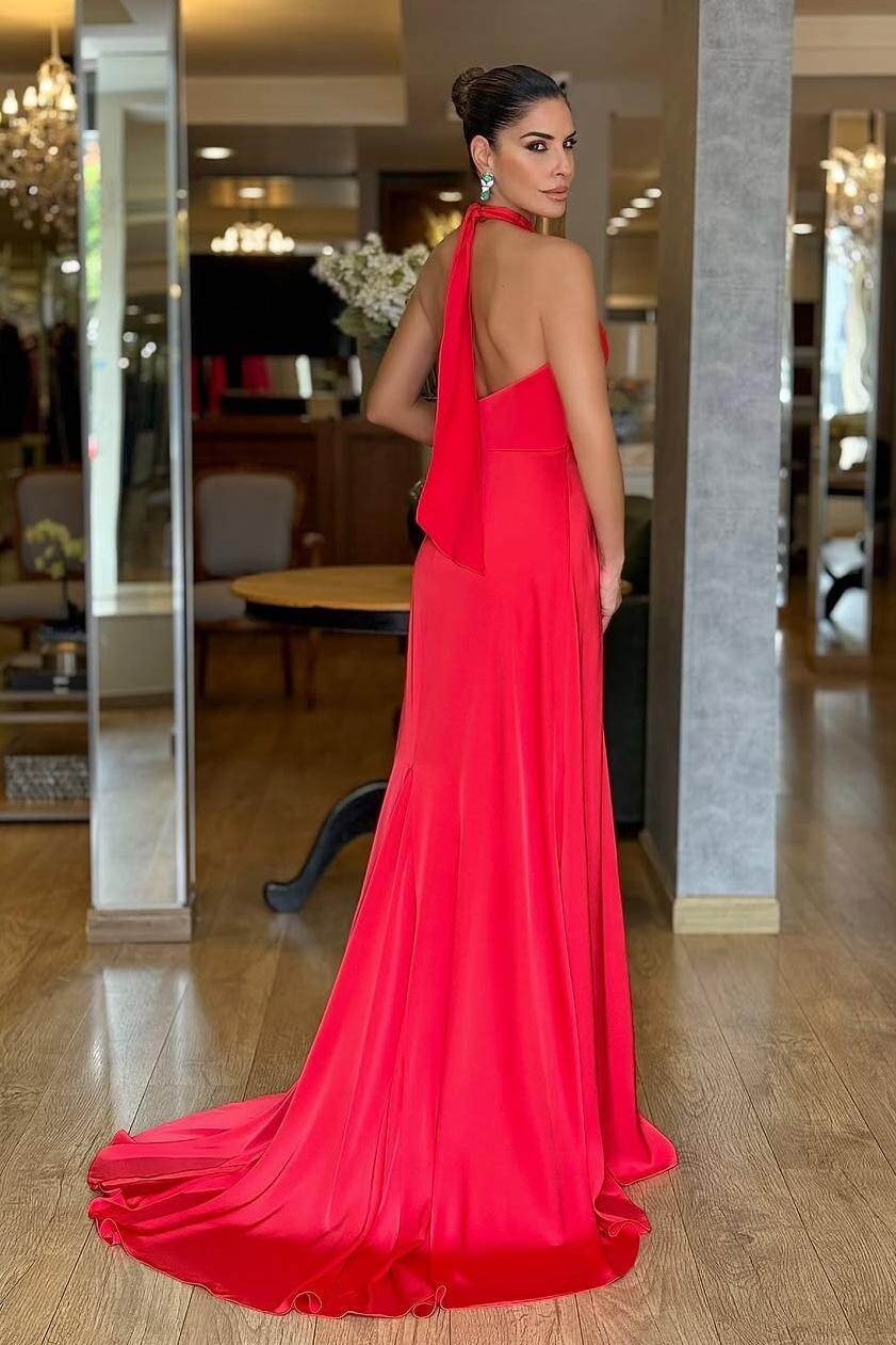 Halter Mermaid High Waist Long Pleated Prom Dress