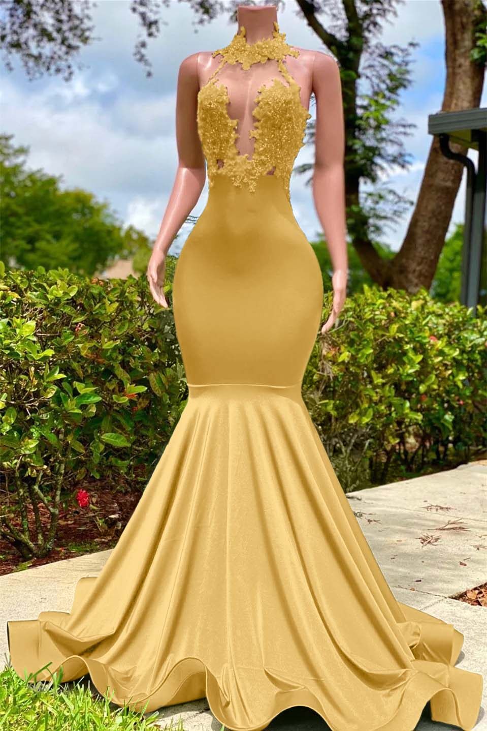 Halter Mermaid Long Prom Dress with Appliques and Ruffles