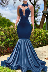 Halter Mermaid Long Prom Dress with Appliques and Ruffles