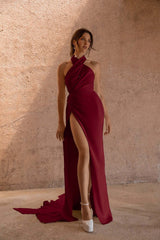 Halter Mermaid Long Pleated Prom Dress with Split
