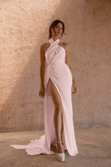 Halter Mermaid Long Pleated Prom Dress with Split