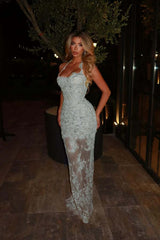 Halter Mermaid Long Prom Dress with Lace Embroidery