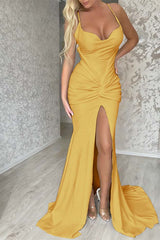Halter Mermaid Long Prom Dress with Pleated Split