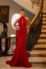 Halter Mermaid Long Pleated Prom Dress with Ruffles