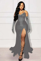 Halter Mermaid Long Prom Dress with Split and Gloves