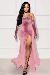 Halter Mermaid Long Prom Dress with Split and Gloves