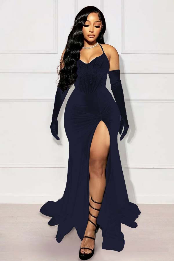 Halter Mermaid Long Prom Dress with Split and Gloves
