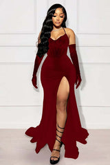 Halter Mermaid Long Prom Dress with Split and Gloves