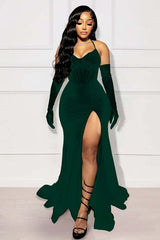 Halter Mermaid Long Prom Dress with Split and Gloves