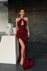 Halter Mermaid Long Prom Dress with Sequins and Split