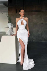 Halter Mermaid Long Prom Dress with Sequins and Split