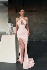 Halter Mermaid Long Prom Dress with Sequins and Split