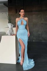 Halter Mermaid Long Prom Dress with Sequins and Split